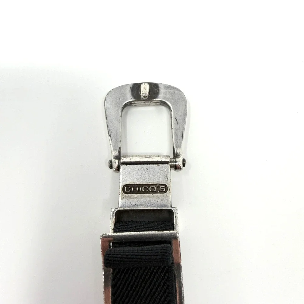 Chico's Large Elastic Stretch Belt Black Silver Tone Metal Size L‎